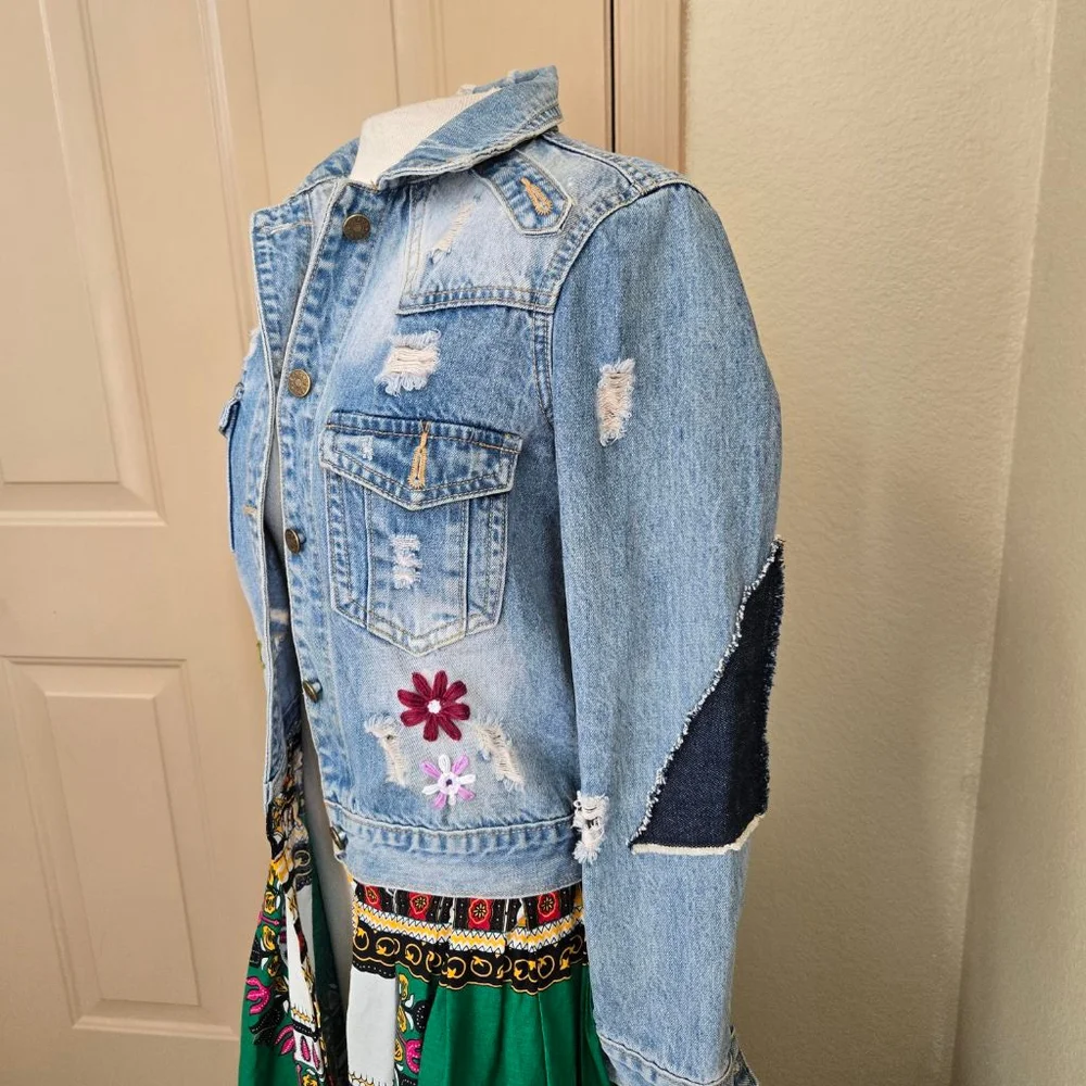 Custom made One Fine Day Boutique Blue Jean Jacket with Green Horse Embroidery S